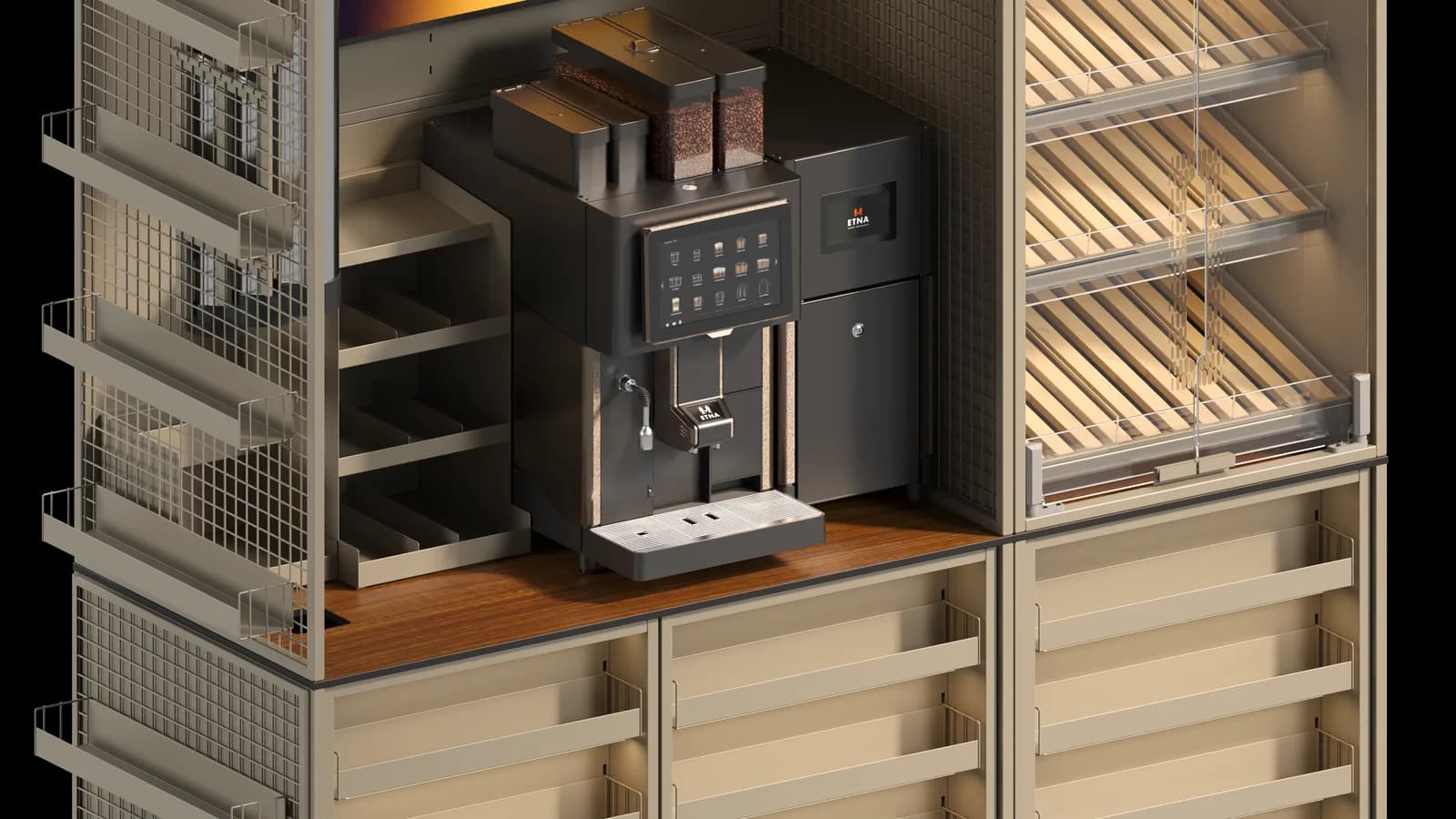 Detalle de módulo Coffice para bebidas calientes y accesorios de servicio